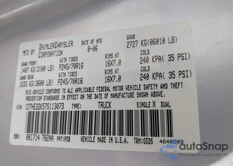 2007 Dodge Dakota St z USA, uszkodzony, nr VIN 1D7HE22K57S113073